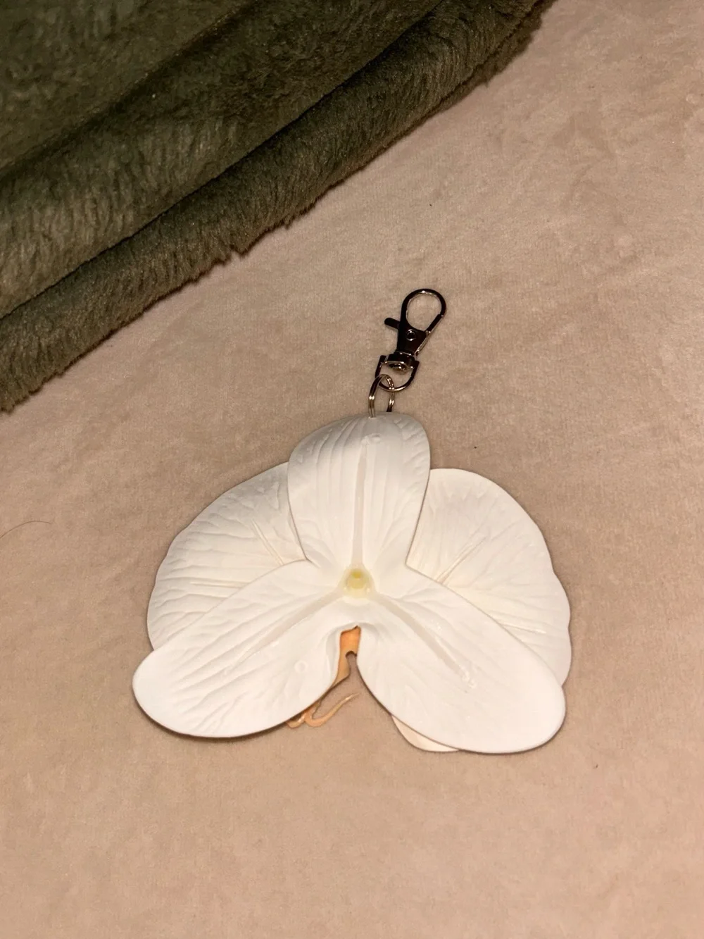 White Orchid Keychain Charm with Peach Accent
